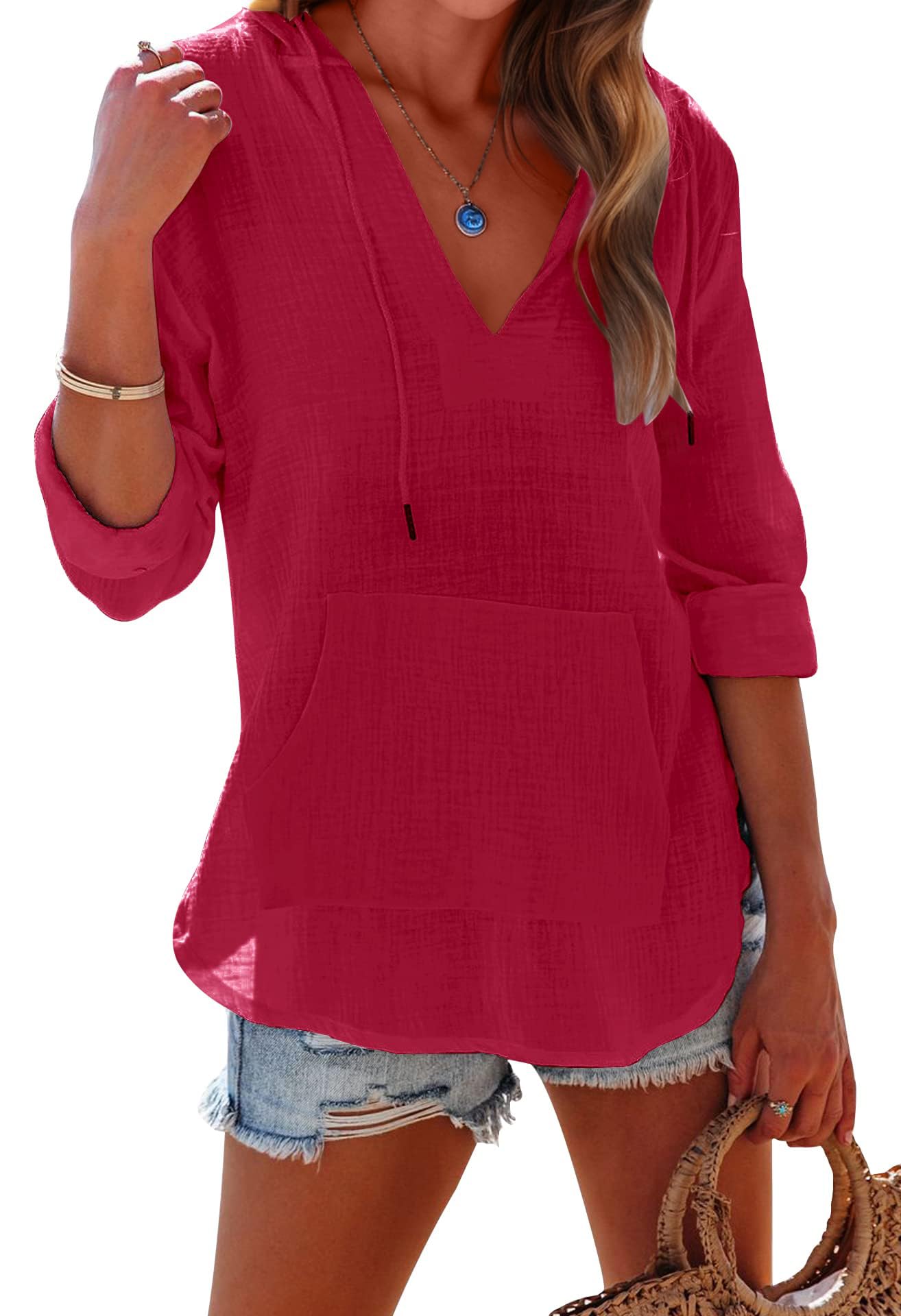 Limited time sale🔥 Women's Long Sleeve V Neck Pocketed Hooded Shirt Top(buy 2 free shipping)