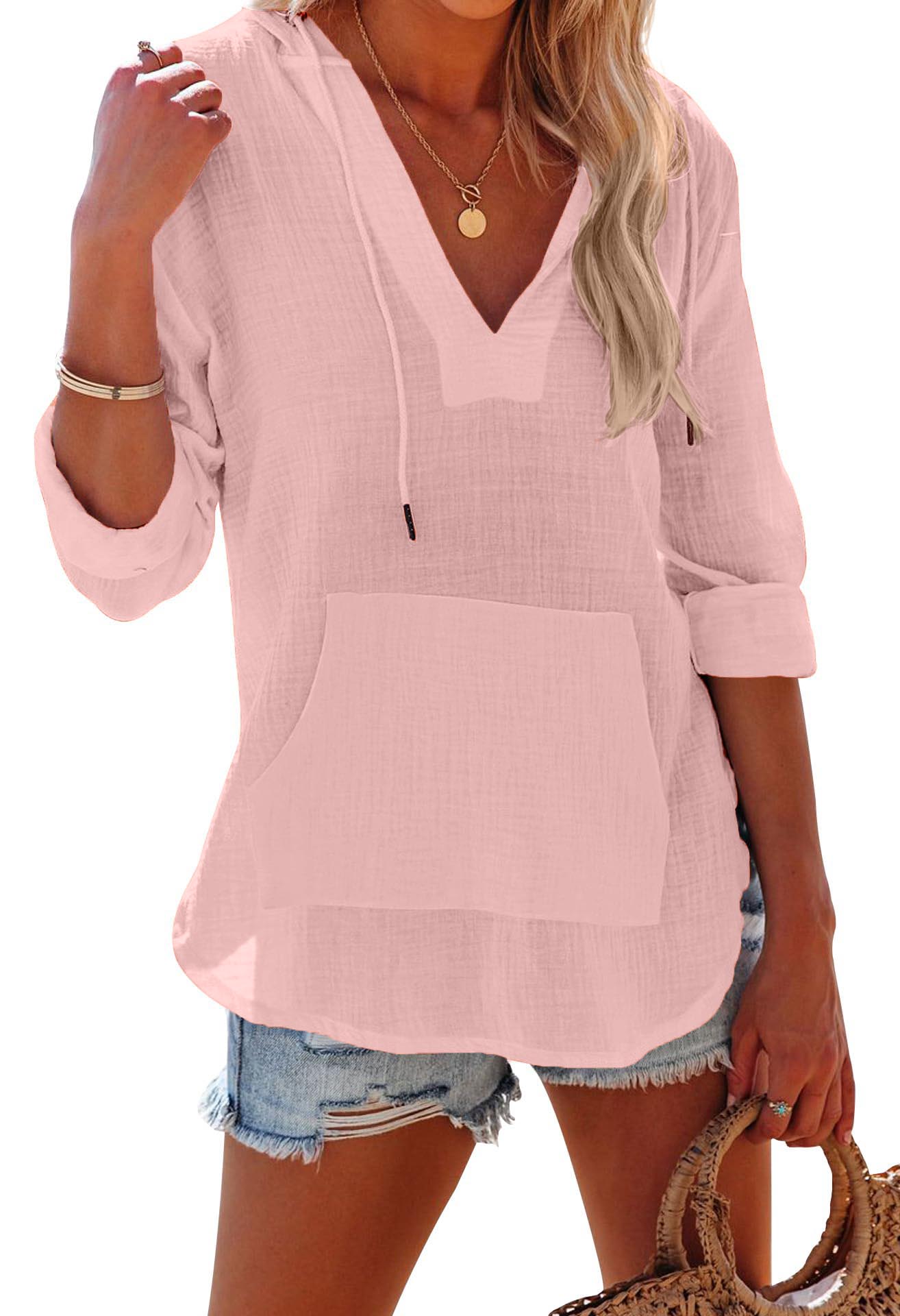 Limited time sale🔥 Women's Long Sleeve V Neck Pocketed Hooded Shirt Top(buy 2 free shipping)