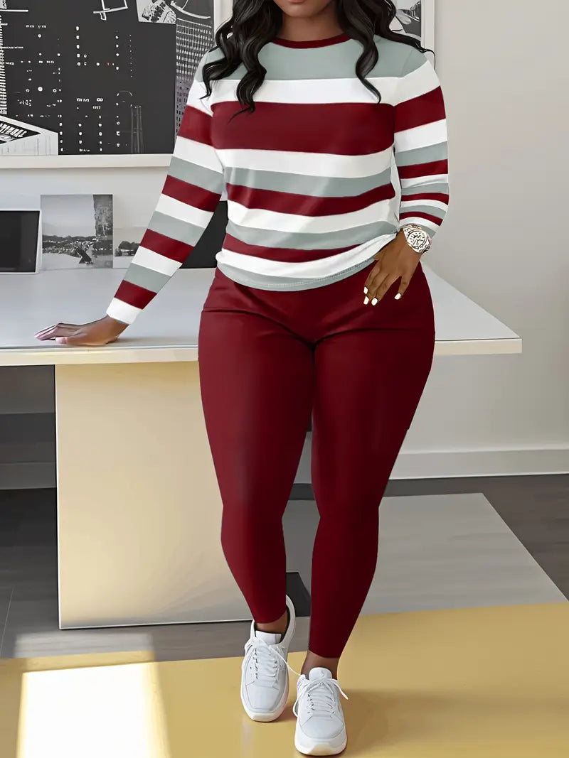 Women's Casual Striped Crew Neck Sweater & Solid Color Pants Set