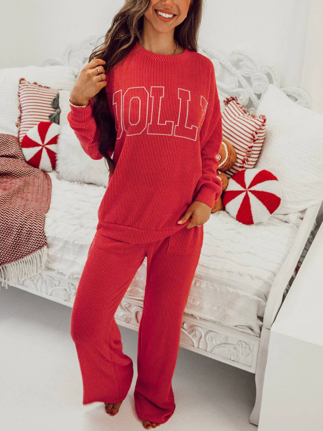 Womens JOLLY Graphic Christmas  Ribbed Long Sleeve Top and Pants 2 Piece Set