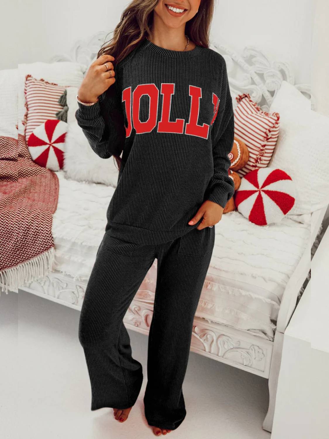 Womens JOLLY Graphic Christmas  Ribbed Long Sleeve Top and Pants 2 Piece Set