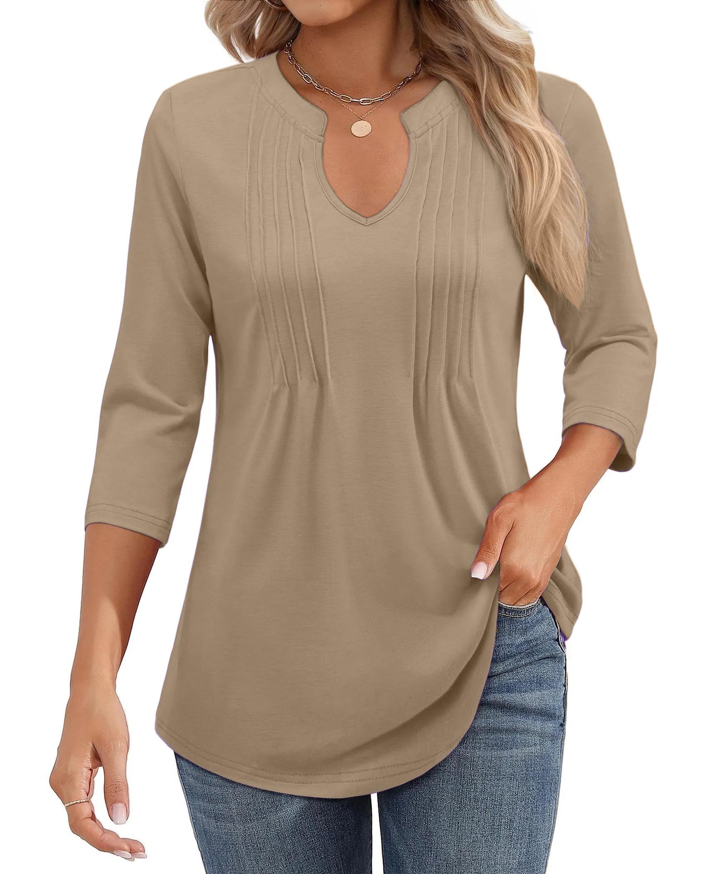 2025 Womens Casual 3/4 Sleeve Pleated Tunic Blouse Top(BUY 3 FREE SHIPPING)