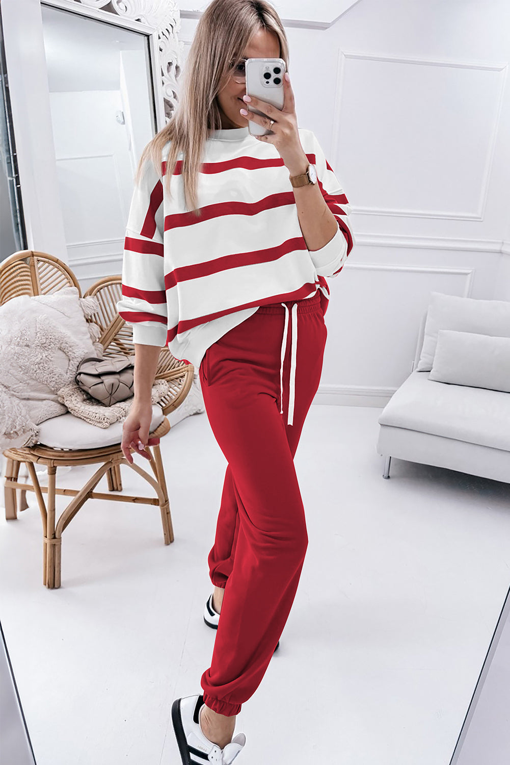 2025 Women's Causal Stripe Drop Shoulder Pullover and Jogger Pants Set