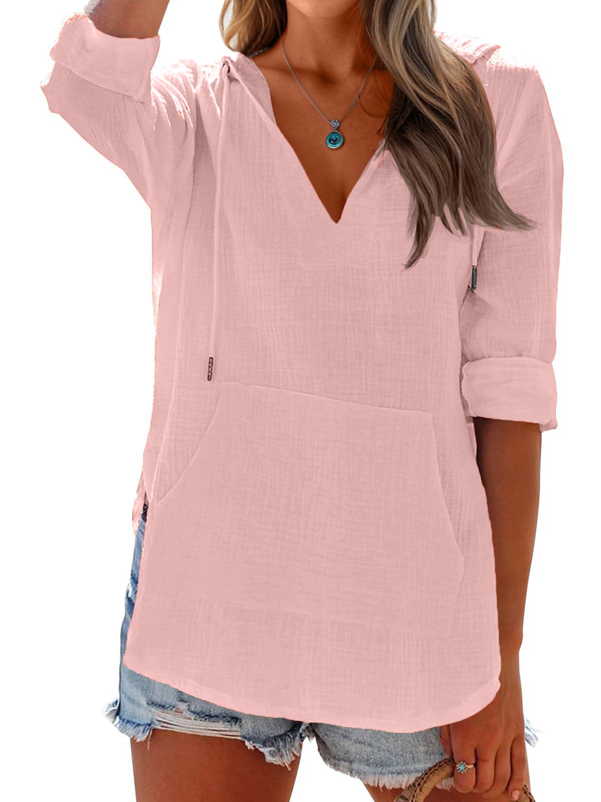 Limited time sale🔥 Women's Long Sleeve V Neck Pocketed Hooded Shirt Top(buy 2 free shipping)