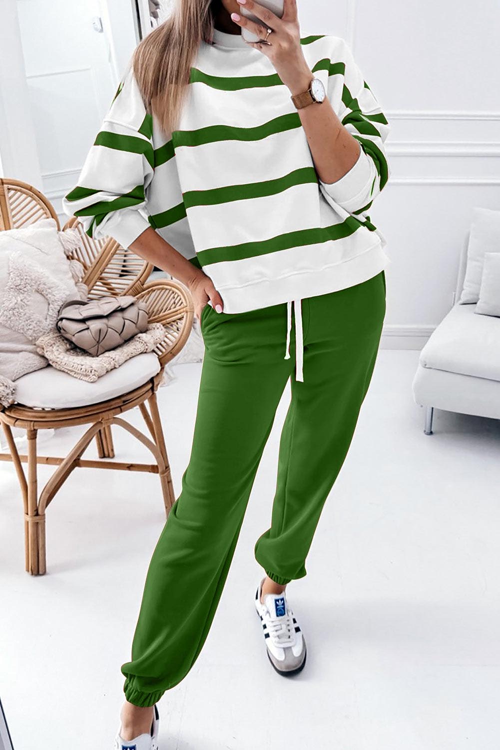 2025 Women's Causal Stripe Drop Shoulder Pullover and Jogger Pants Set