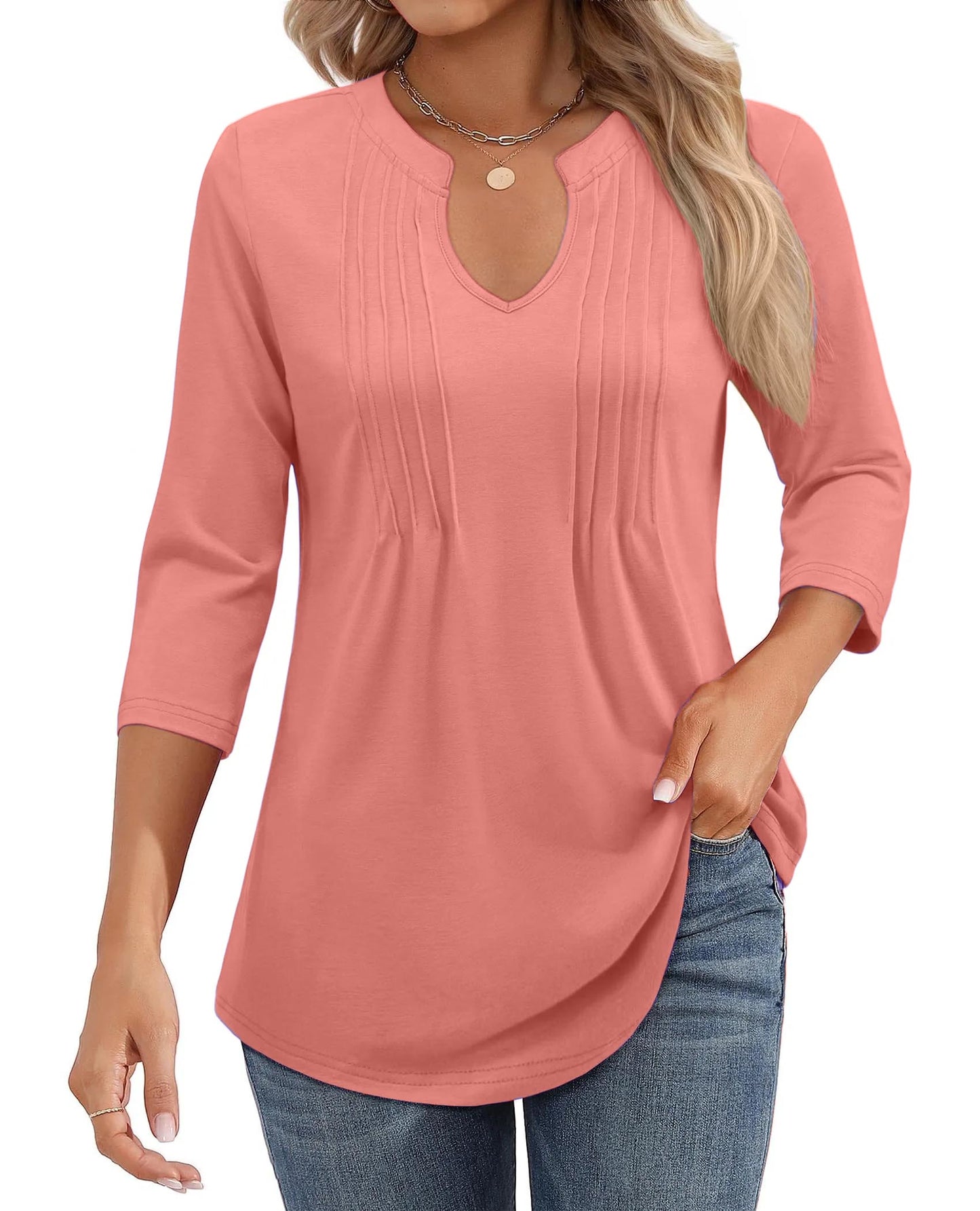 2025 Womens Casual 3/4 Sleeve Pleated Tunic Blouse Top(BUY 3 FREE SHIPPING)