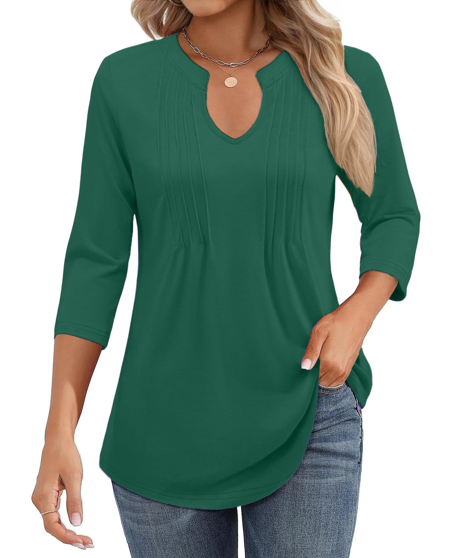 2025 Womens Casual 3/4 Sleeve Pleated Tunic Blouse Top(BUY 3 FREE SHIPPING)