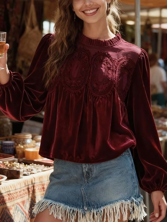 ✨Women's Long Sleeve Velvet Trim Lace Blouse Elegant Flared Swing Top