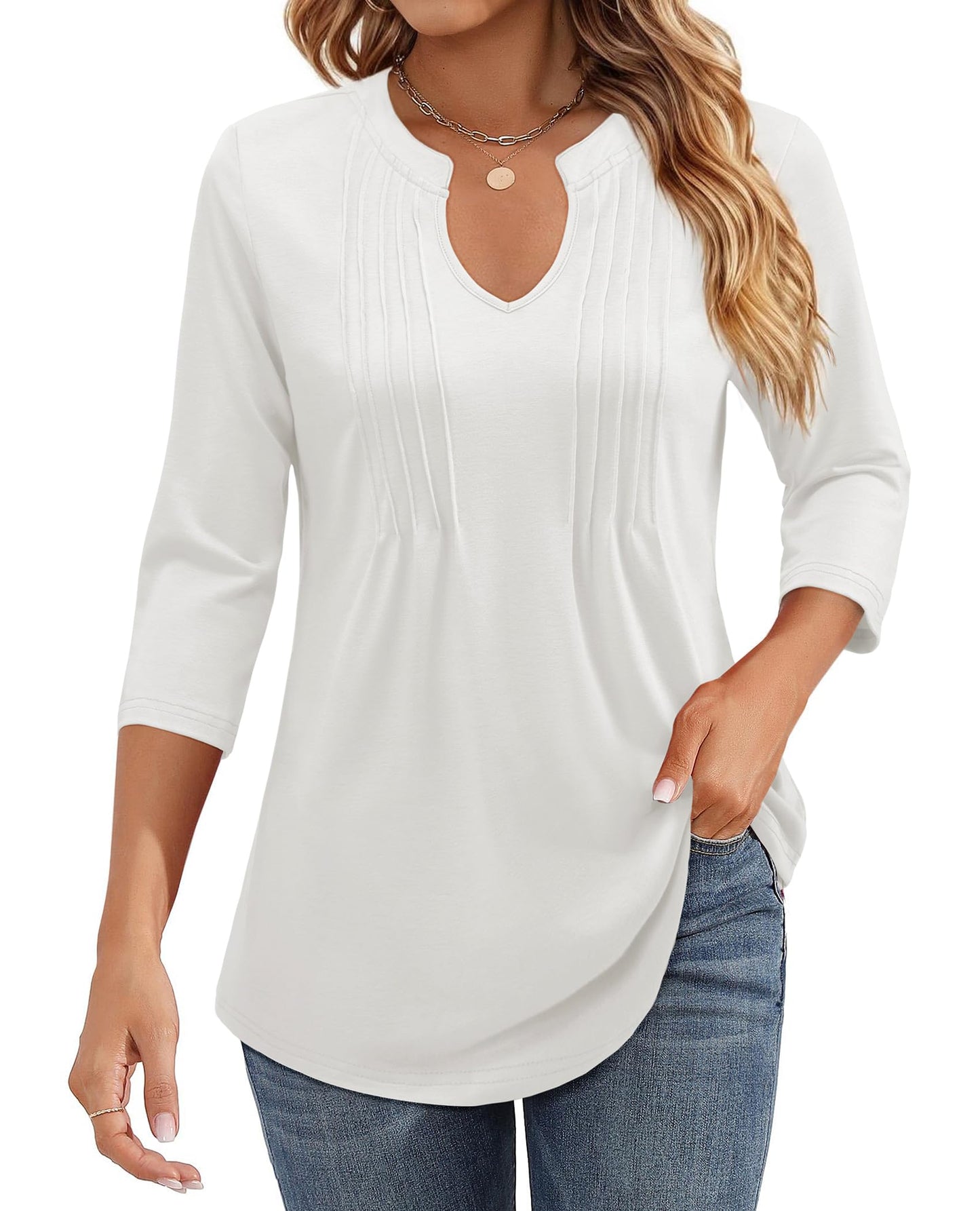 2025 Womens Casual 3/4 Sleeve Pleated Tunic Blouse Top(BUY 3 FREE SHIPPING)