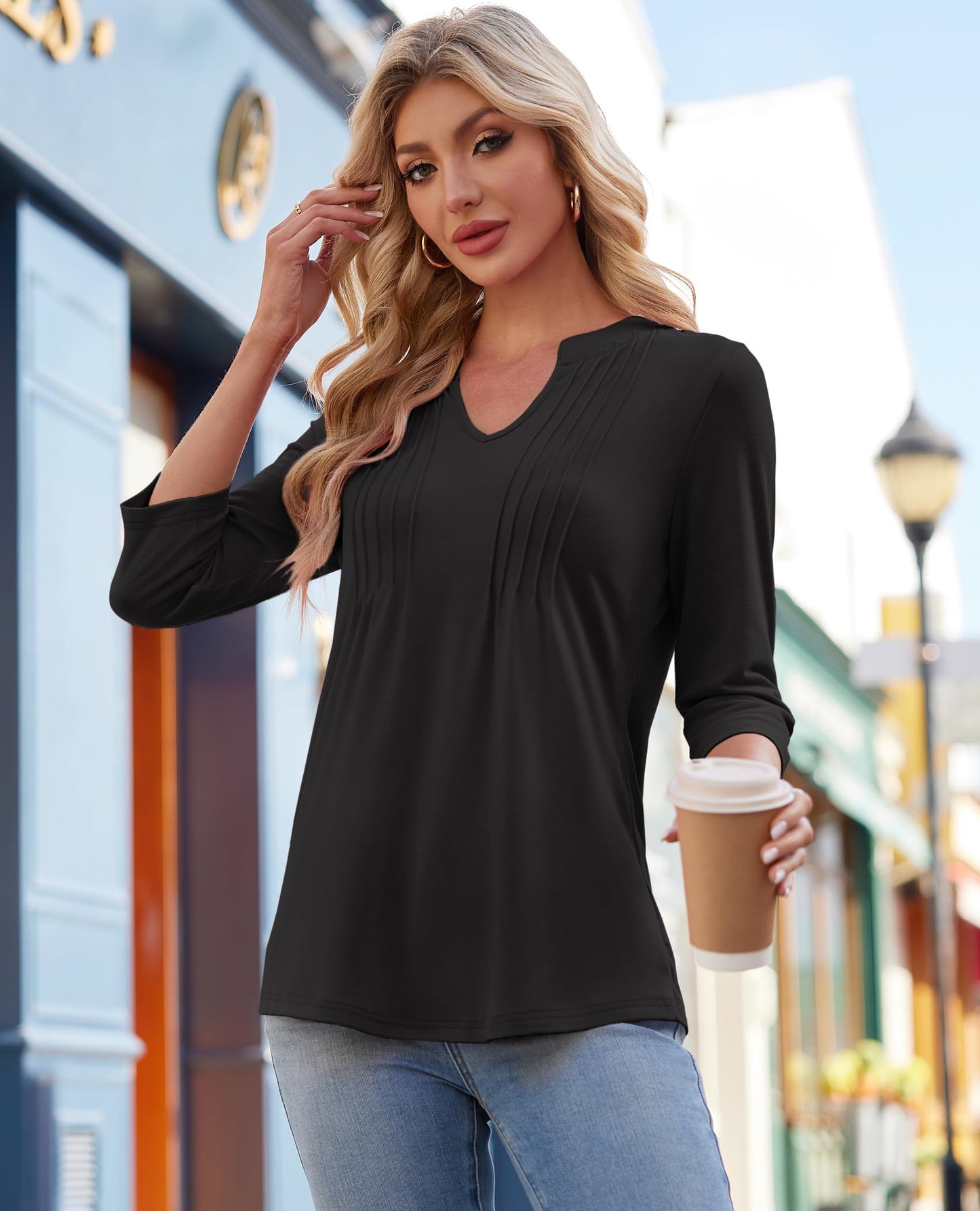 2025 Womens Casual 3/4 Sleeve Pleated Tunic Blouse Top(BUY 3 FREE SHIPPING)