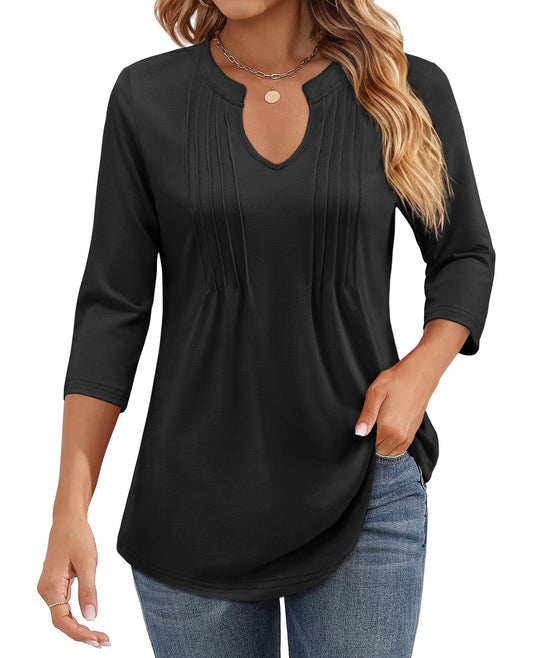 2025 Womens Casual 3/4 Sleeve Pleated Tunic Blouse Top(BUY 3 FREE SHIPPING)
