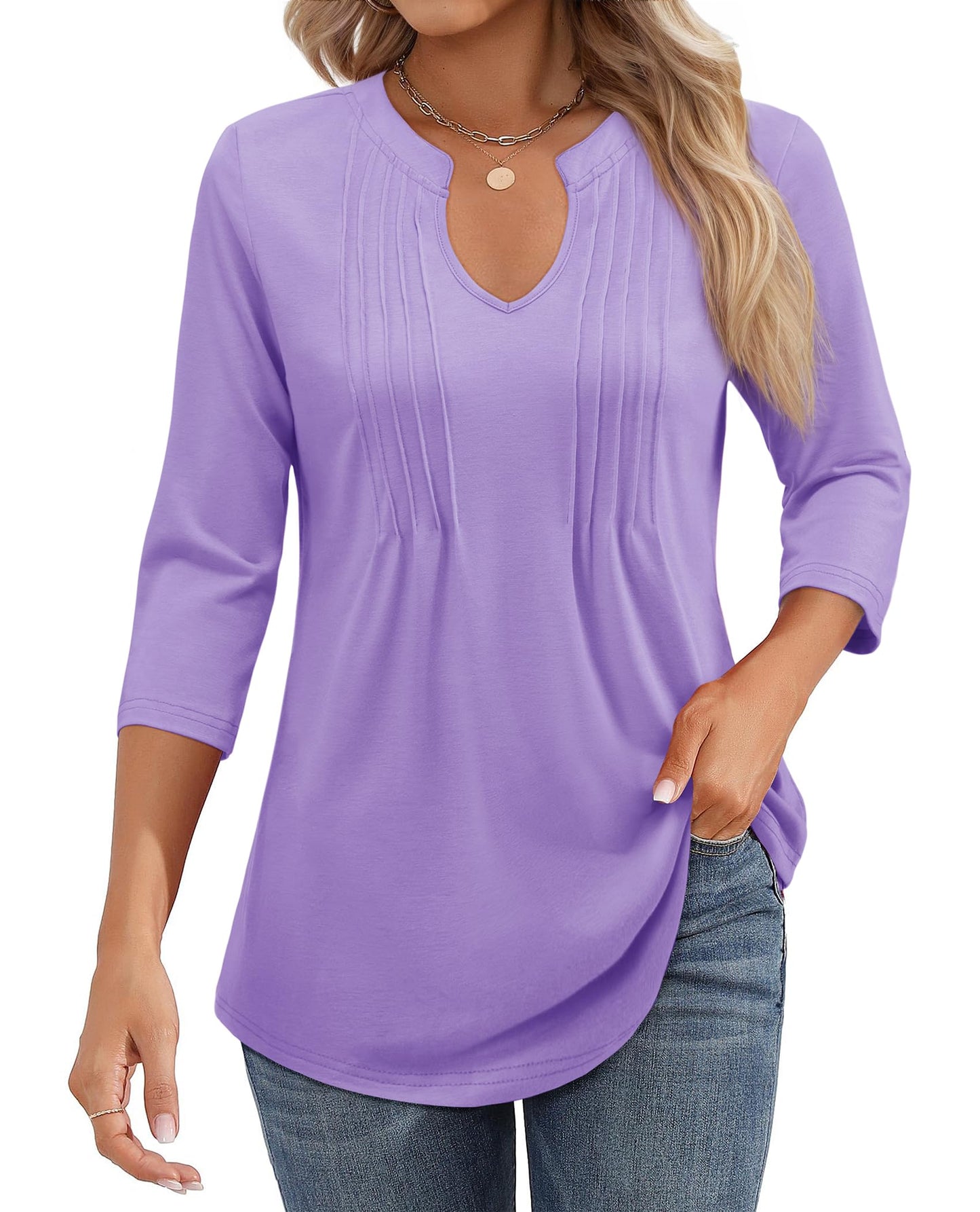 2025 Womens Casual 3/4 Sleeve Pleated Tunic Blouse Top(BUY 3 FREE SHIPPING)