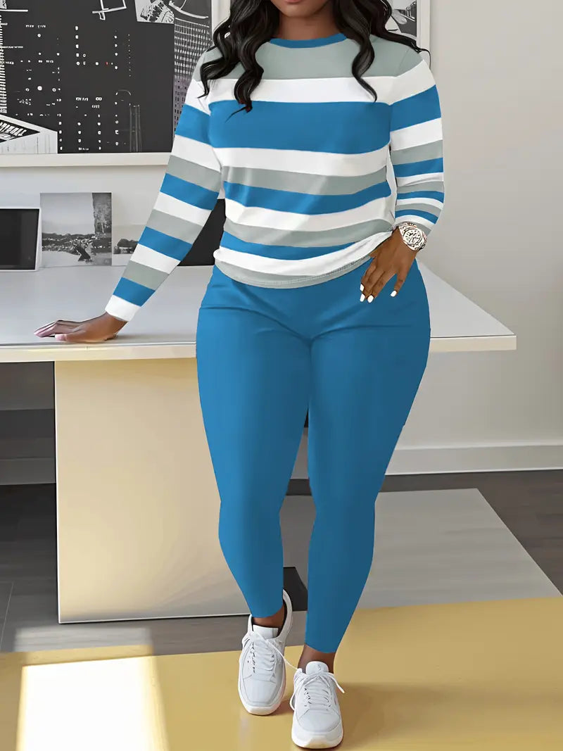 Women's Casual Striped Crew Neck Sweater & Solid Color Pants Set