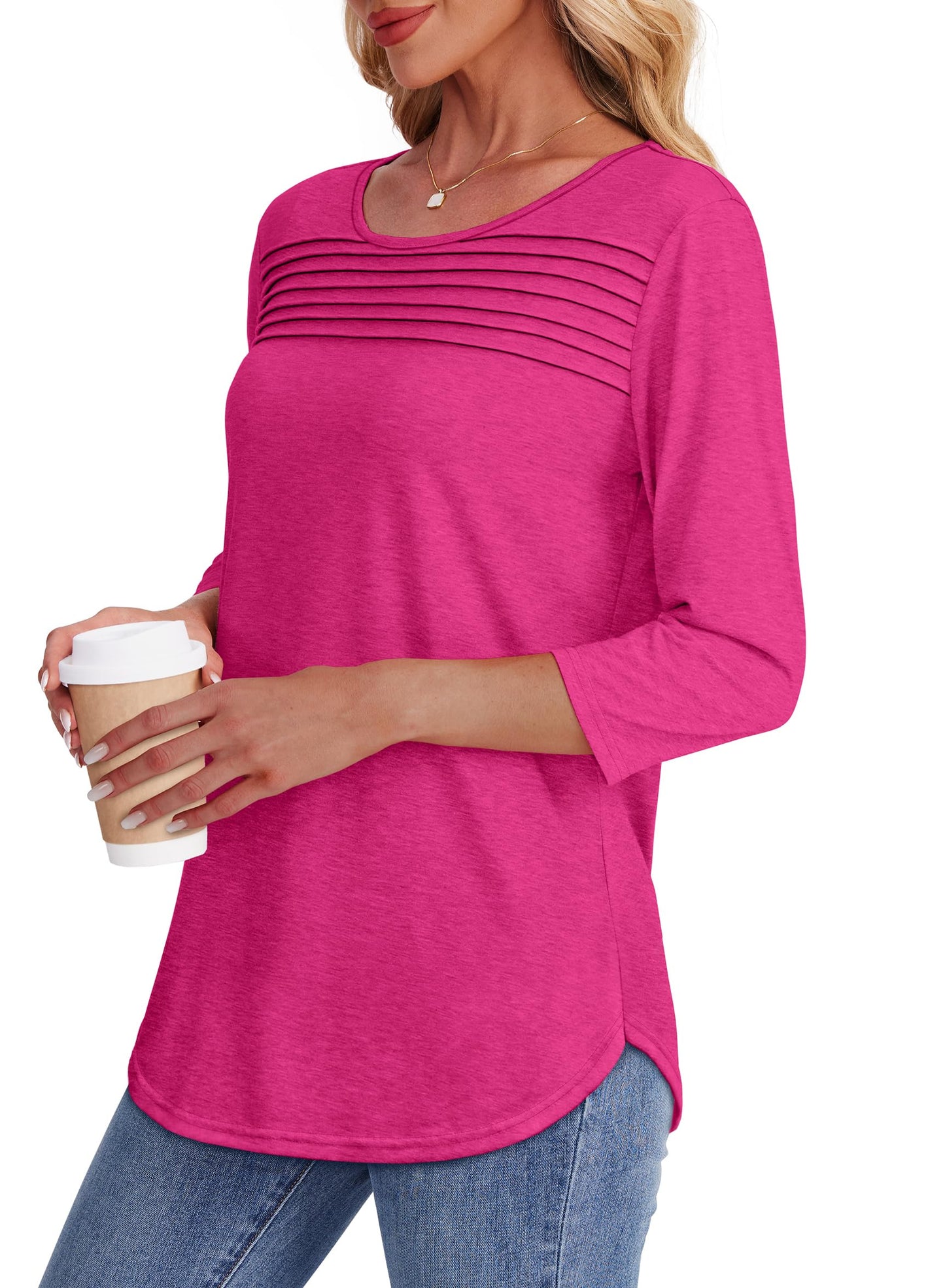 ✨ Women's 3/4 Length Sleeve Top Pleated Front T-Shirt