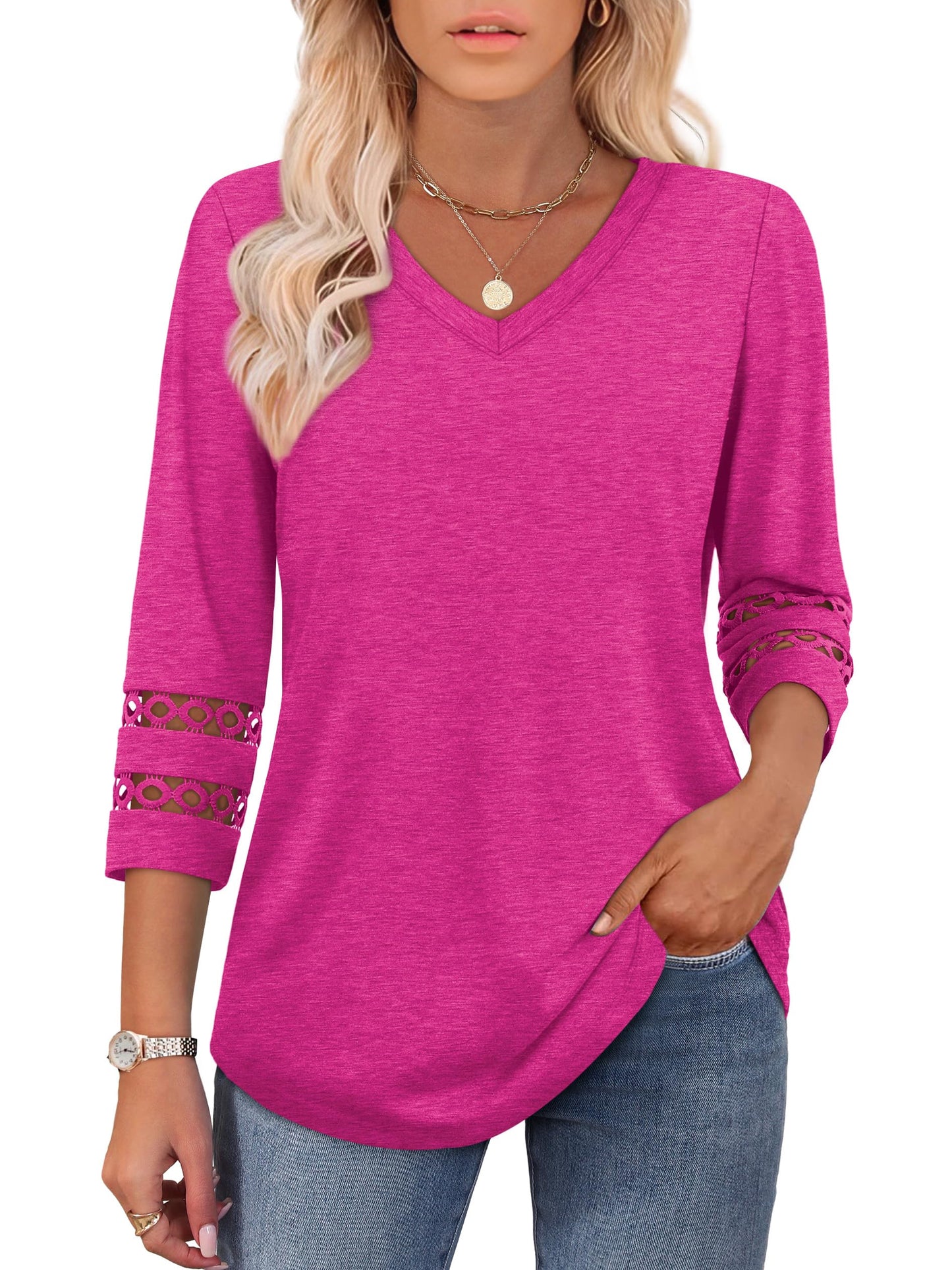 ⏰Hot Sale-Womens 3/4 Length Sleeve Tops Trendy V Neck T Shirts(Buy 3 Free Shipping)
