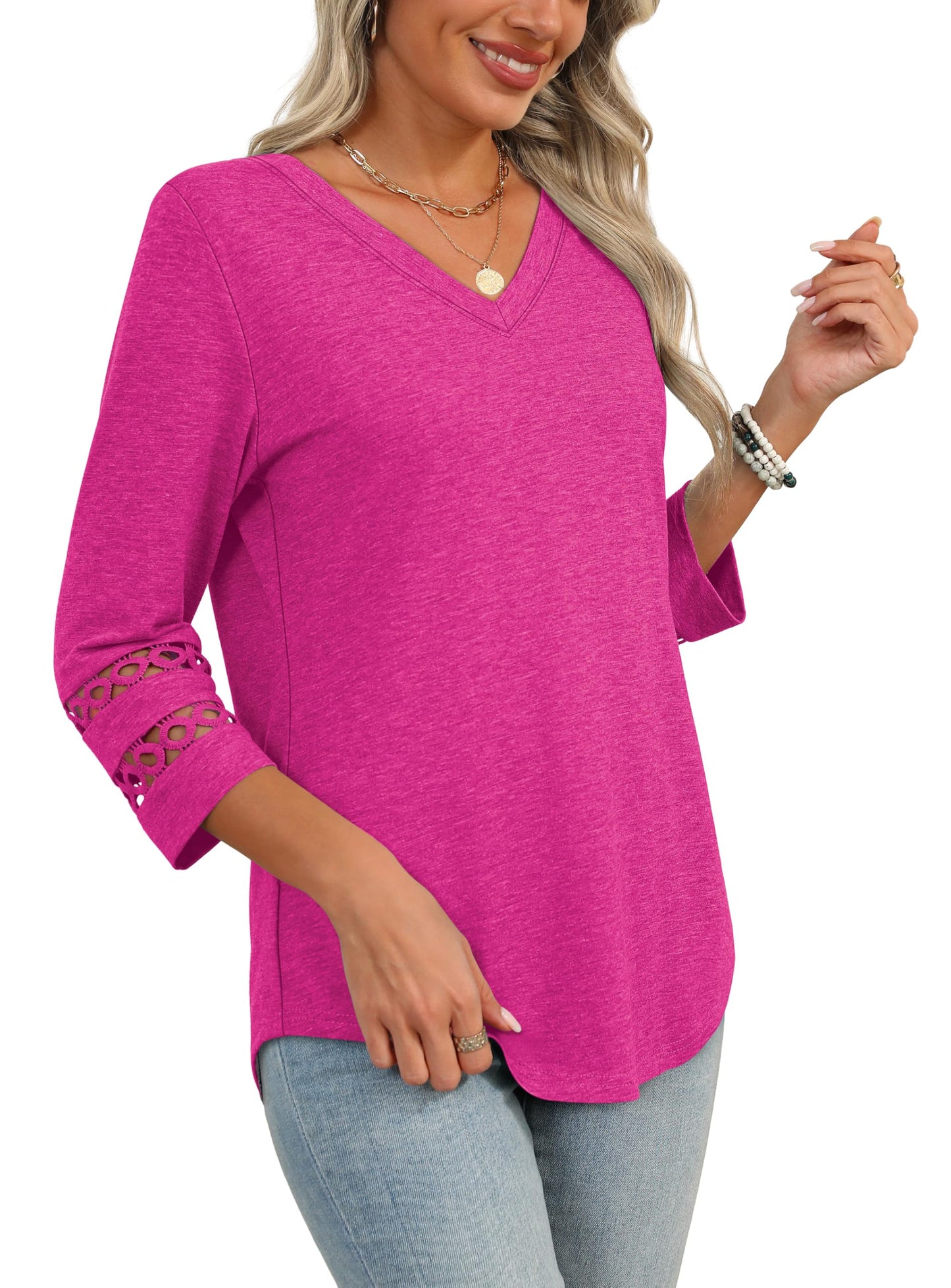 ⏰Hot Sale-Womens 3/4 Length Sleeve Tops Trendy V Neck T Shirts(Buy 3 Free Shipping)