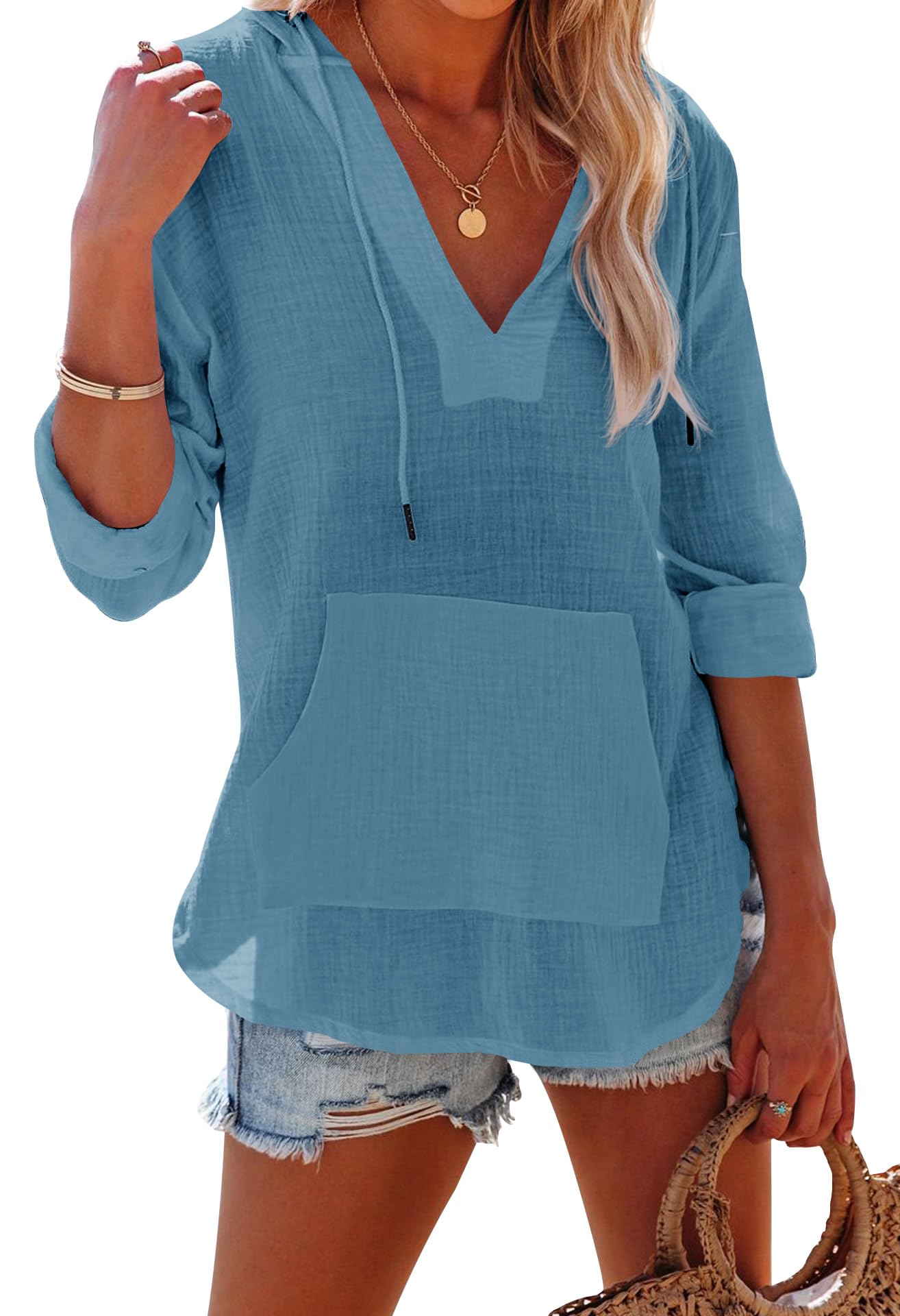 Limited time sale🔥 Women's Long Sleeve V Neck Pocketed Hooded Shirt Top(buy 2 free shipping)