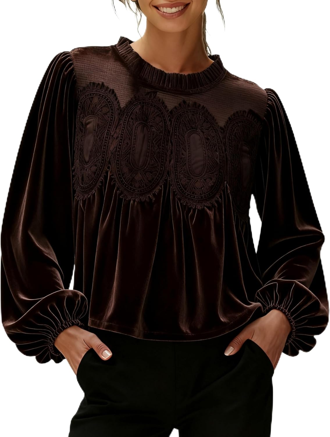 ✨Women's Long Sleeve Velvet Trim Lace Blouse Elegant Flared Swing Top