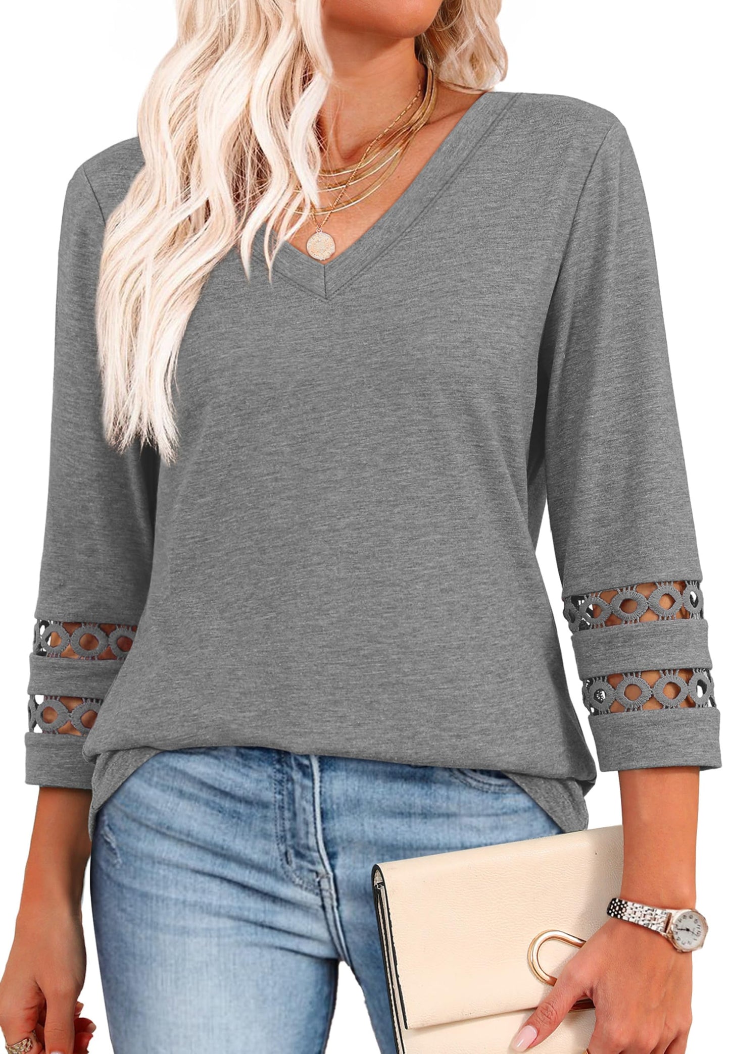 ⏰Hot Sale-Womens 3/4 Length Sleeve Tops Trendy V Neck T Shirts(Buy 3 Free Shipping)