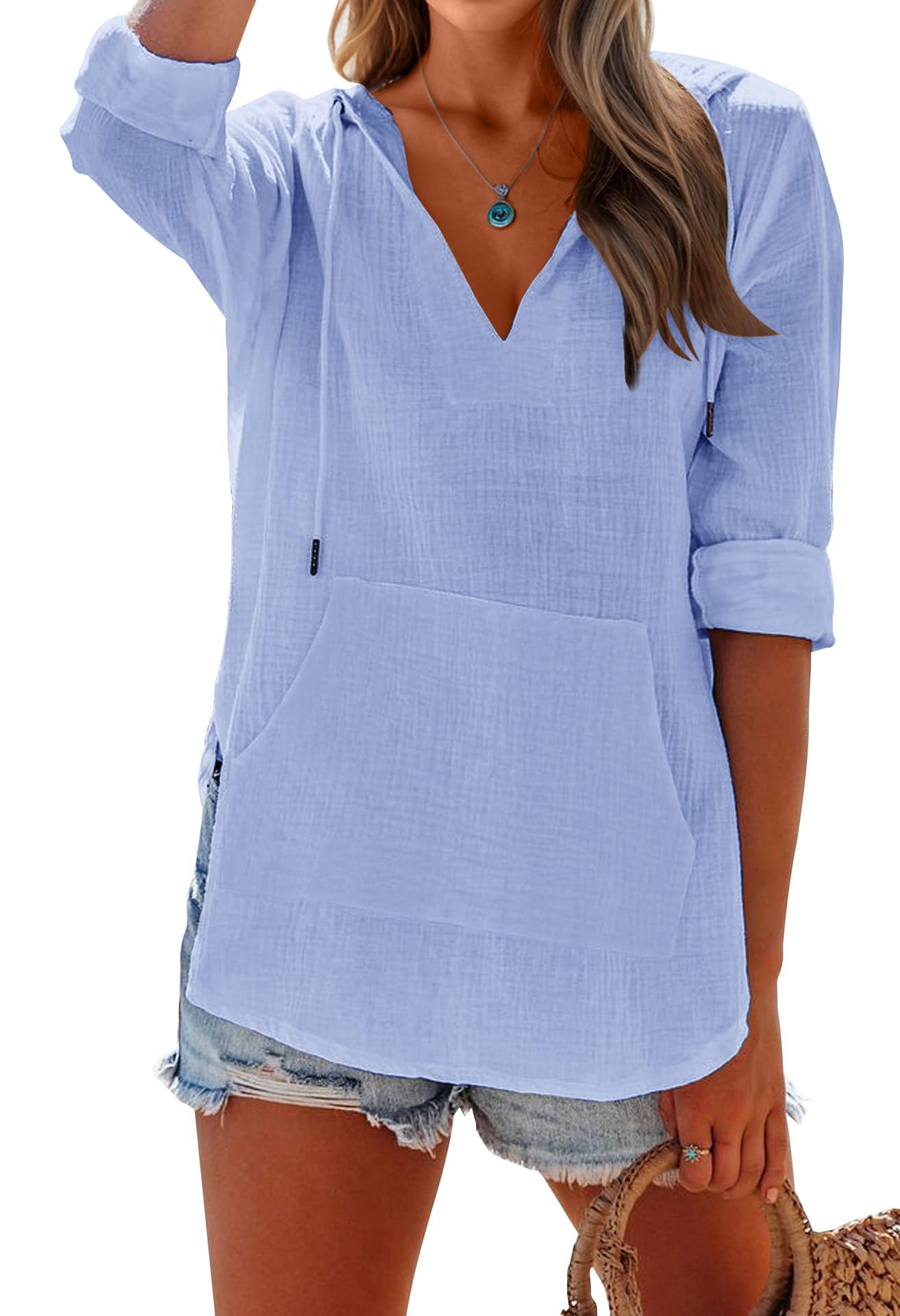 Limited time sale🔥 Women's Long Sleeve V Neck Pocketed Hooded Shirt Top(buy 2 free shipping)