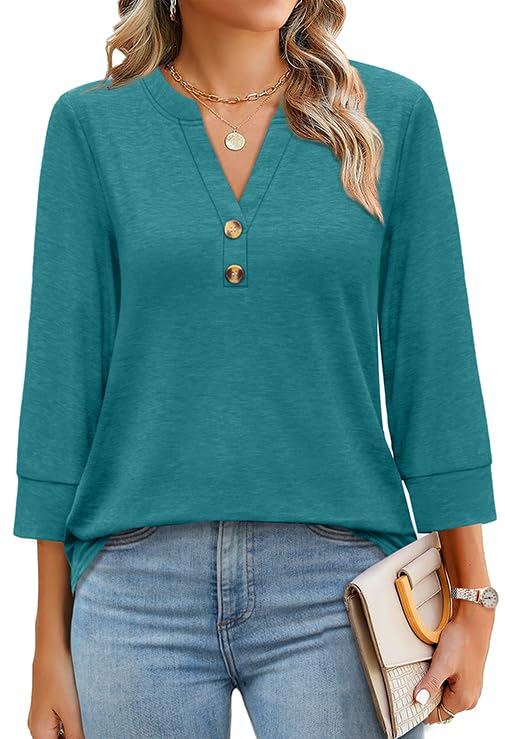 2025 New Womens 3/4 Sleeve Heley Button V neck Tops(buy 3 free shipping)