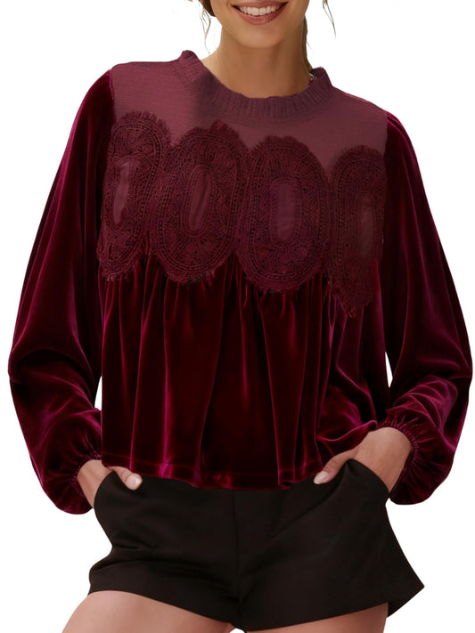 ✨Women's Long Sleeve Velvet Trim Lace Blouse Elegant Flared Swing Top