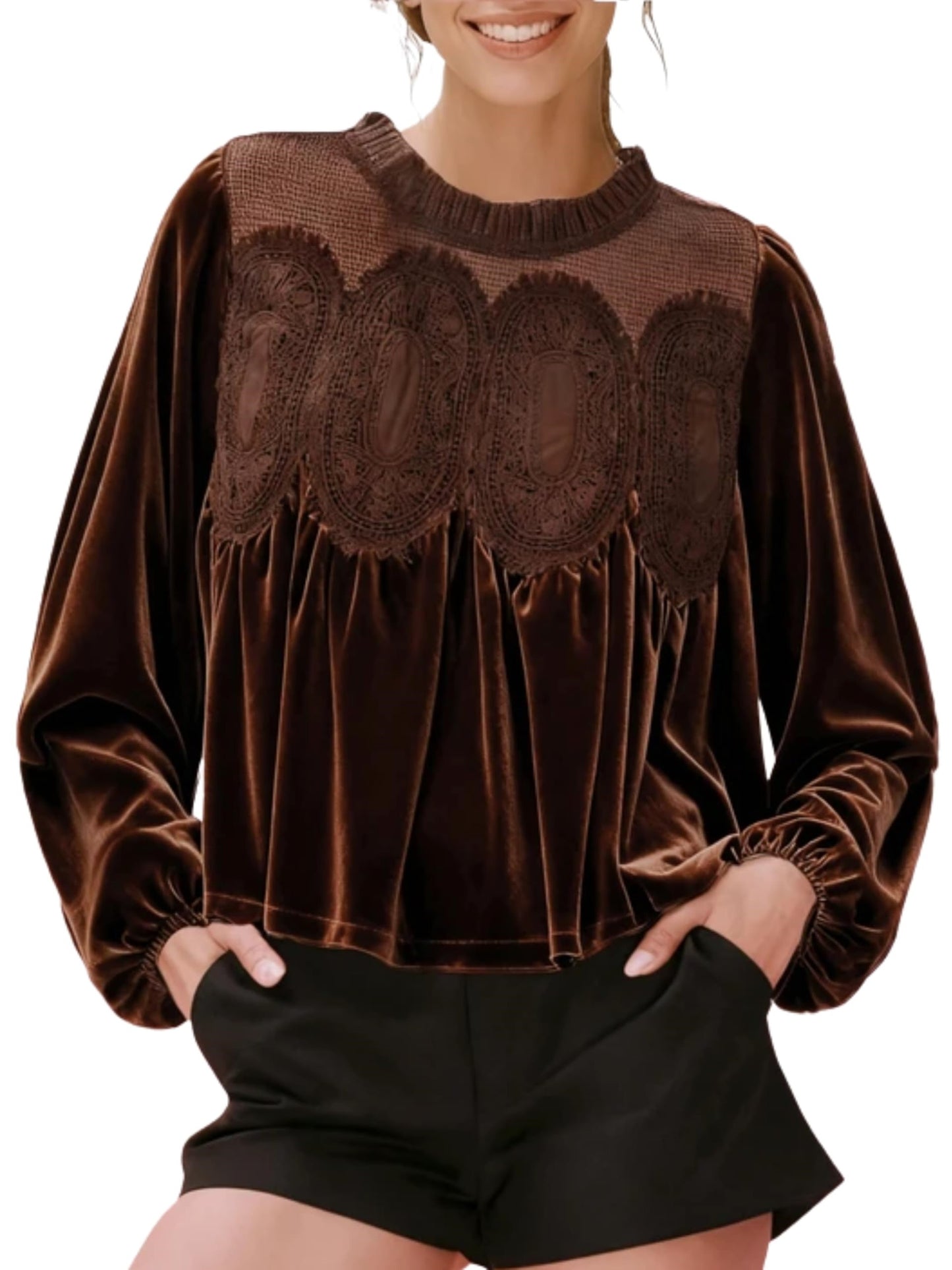 ✨Women's Long Sleeve Velvet Trim Lace Blouse Elegant Flared Swing Top